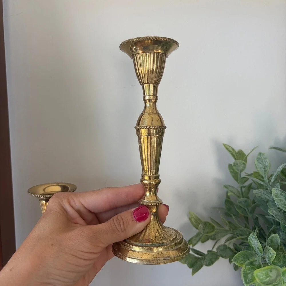 Hosley Solid Lacquered Brass Fluted Candlestick Holders Pair BS 5890 India 7.75